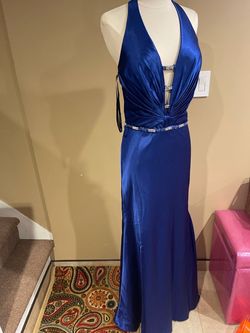 La Femme Blue Size 8 Satin Floor Length Silk Backless Straight Dress on Queenly