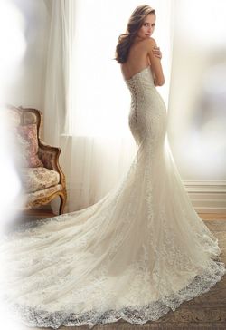 Style Alouette Sophia Tolli White Size 8 Lace Tall Height Tulle Train Straight Dress on Queenly