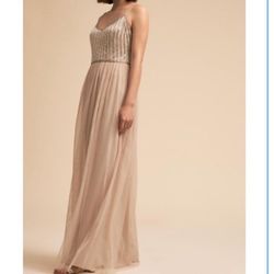 Adrianna Papell Nude Size 4 Wedding Guest Floor Length V Neck Sequin Military Straight Dress on Queenly