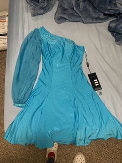 Johnathan Kayne Light Blue Size 2 Midi Homecoming One Shoulder Sleeves Cocktail Dress on Queenly