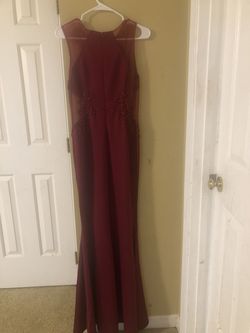 Poem Red Size 14 Boat Neck Sheer Prom Straight Dress on Queenly