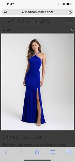 Madison James Blue Size 6 Halter Floor Length Side Slit Train Dress on Queenly