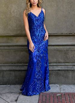 Ellie Wilde Blue Size 6 Photoshoot Floor Length Tall Height Shiny Straight Dress on Queenly