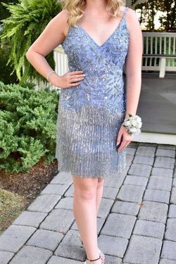 Sherri Hill Blue Size 14 Black Tie Homecoming Sequin Fringe Cocktail Dress on Queenly