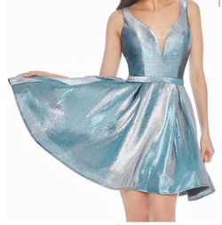 Ashley Lauren Blue Size 4 Floor Length Belt V Neck A-line Dress on Queenly