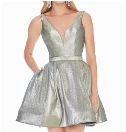 Ashley Lauren Silver Size 8 V Neck Shiny Midi A-line Dress on Queenly