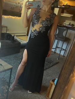 Jovani Black Tie Size 4 Sequined Prom Side slit Dress on Queenly