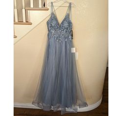 Style Smoky Blue Sleeveless Sequined Sparkle Formal Ball Gown Cinderella Divine Blue Size 12 Floor Length A-line V Neck Black Tie Ball gown on Queenly