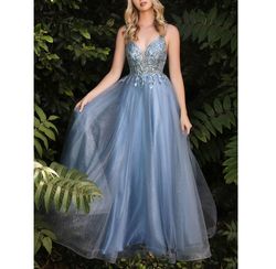 Style Smoky Blue Sleeveless Sequined Sparkle Formal Ball Gown Cinderella Divine Blue Size 12 Floor Length A-line V Neck Black Tie Ball gown on Queenly