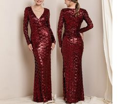 Style Burgundy Red Long Sleeve Mermaid Sequined V-Neck Side Slit Sheath Gown Soeblue Red Size 8 Prom Floor Length Side slit Dress on Queenly