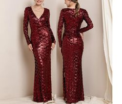 Style Burgundy Red Long Sleeve Mermaid Sequined V-Neck Sheath Formal Gown Soeblue  Red Size 6 Jersey Side slit Dress on Queenly