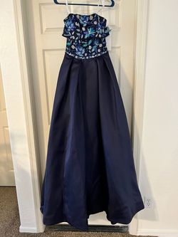 Rachel Allan Blue Size 4 Floor Length Strapless Jewelled Train Dress on Queenly