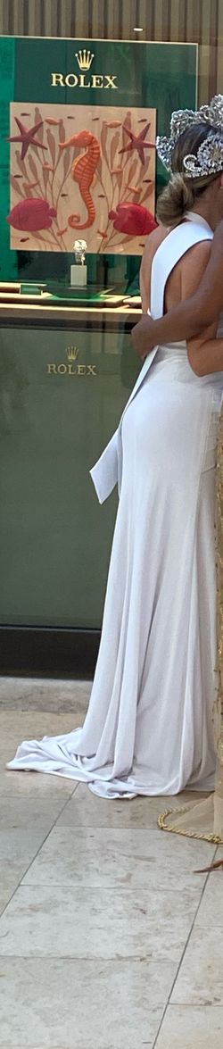 Jovani White Size 4 Plunge Halter Prom Wedding Side slit Dress on Queenly