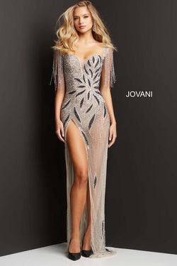 Style 07031 Jovani Nude Size 10 Floor Length Plunge Prom Side slit Dress on Queenly