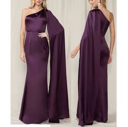 Style Eggplant Purple Grecian One Shoulder Cape Satin Gown Maniju Purple Size 4 One Shoulder Polyester Straight Dress on Queenly
