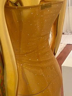 OBIANUJU Gold Size 14 Midi Sheer Cocktail Dress on Queenly
