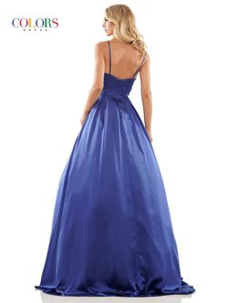 Style Lena Colors Blue Size 12 Black Tie Pockets Prom Ball gown on Queenly