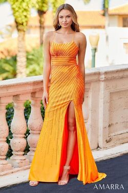 Style Miranda Amarra Orange Size 4 Pageant Fitted Train Side slit Dress on Queenly