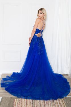Style Aileen Amelia Couture Blue Size 2 Prom Tulle Lace Tall Height Side slit Dress on Queenly