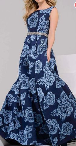 Jovani Blue Size 10 Navy Party Appearance Print Straight Dress on Queenly