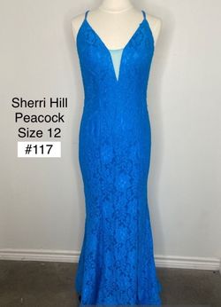 Sherri Hill Blue Size 12 Floor Length Black Tie Plus Size Straight Dress on Queenly