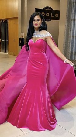 Johnathan Kayne Pink Size 4 Velvet Floor Length Cape Mermaid Dress on Queenly