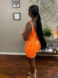Jovani Orange Size 4 Sequined Sorority Formal Homecoming Fully Beaded Cocktail Dress on Queenly