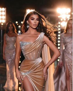 Style -1 Custom made Nude Size 4 Cape Wedding Guest Sequin Sequined Side slit Dress on Queenly
