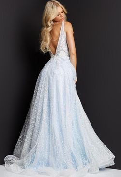 Style JVN08421 Jovani Blue Size 4 Floor Length Sheer Side slit Dress on Queenly