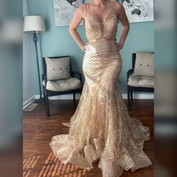 Jovani Gold Size 0 Black Tie Train Shiny Mermaid Dress on Queenly