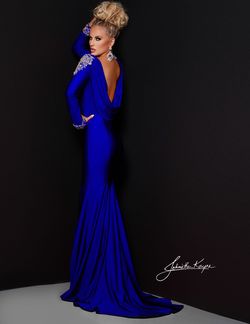 Style Raegan Johnathan Kayne Blue Size 4 Prom Shiny Side Slit Straight Dress on Queenly