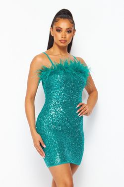 Style HDD29361 Hot & Delicious Green Size 2 Teal Sequin Feather Jewelled Cocktail Dress on Queenly