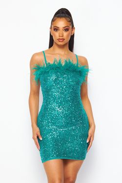 Style HDD29361 Hot & Delicious Green Size 2 Teal Sequin Feather Jewelled Cocktail Dress on Queenly