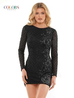 Style 2907 Colors Black Size 8 Long Sleeve Floral Euphoria Cocktail Dress on Queenly