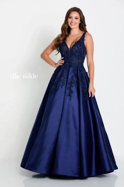 Style EW34050 Ellie Wilde Blue Size 14 Pageant V Neck Tall Height Ball gown on Queenly