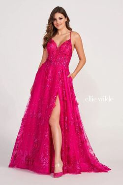 Style EW34102 Ellie Wilde Pink Size 2 V Neck Magenta Pageant Side Slit A-line Dress on Queenly