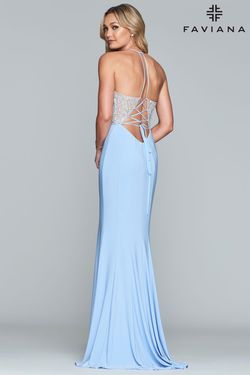 Style S10060 Faviana Blue Size 6 Corset V Neck Prom Side slit Dress on Queenly