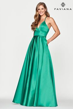 Style S10252 Faviana Green Size 4 Tall Height Black Tie Military A-line Dress on Queenly