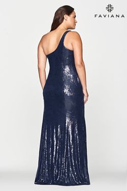 Style 9522 Faviana Blue Size 14 Sequin Navy Tall Height Straight Dress on Queenly