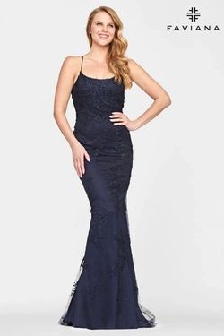Style S10721 Faviana Blue Size 8 Lace Tall Height Navy Mermaid Dress on Queenly