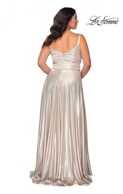 Style 28989 La Femme Silver Size 12 Floor Length Jersey Side slit Dress on Queenly