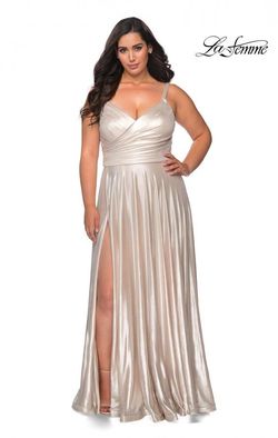 Style 28989 La Femme Silver Size 12 Floor Length Jersey Side slit Dress on Queenly