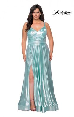 Style 28989 La Femme Blue Size 14 Turquoise Black Tie Floor Length Side slit Dress on Queenly