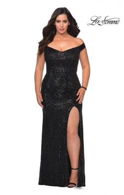 Style 29023 La Femme Black Tie Size 18 Floor Length Side slit Dress on Queenly