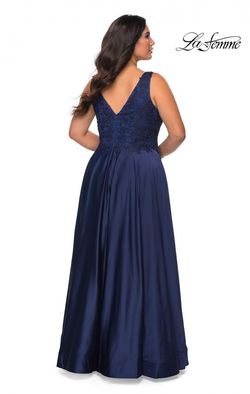 Style 29039 La Femme Blue Size 20 Side Slit V Neck A-line Dress on Queenly