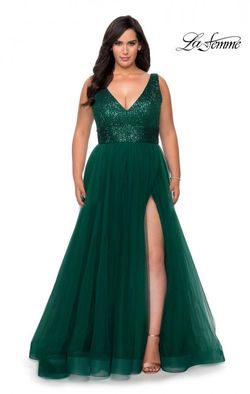 Style 29045 La Femme Green Size 14 Pockets Black Tie A-line Dress on Queenly