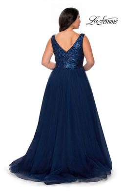 Style 29045 La Femme Blue Size 18 Floor Length Black Tie A-line Dress on Queenly