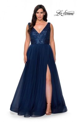 Style 29045 La Femme Blue Size 18 Floor Length Black Tie A-line Dress on Queenly
