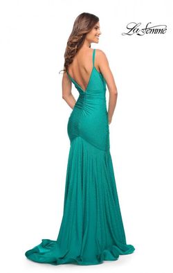 Style 30768 La Femme Blue Size 10 Pageant Tall Height Black Tie Side slit Dress on Queenly
