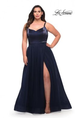 Style 29072 La Femme Blue Size 20 Floor Length V Neck A-line Dress on Queenly